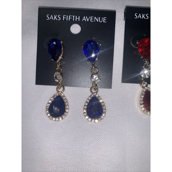 Bundle Of 2 Pairs- Saks Fifth Avenue Sparkly Dangle Statement Earrings Blue/ Red - Picture 5 of 5